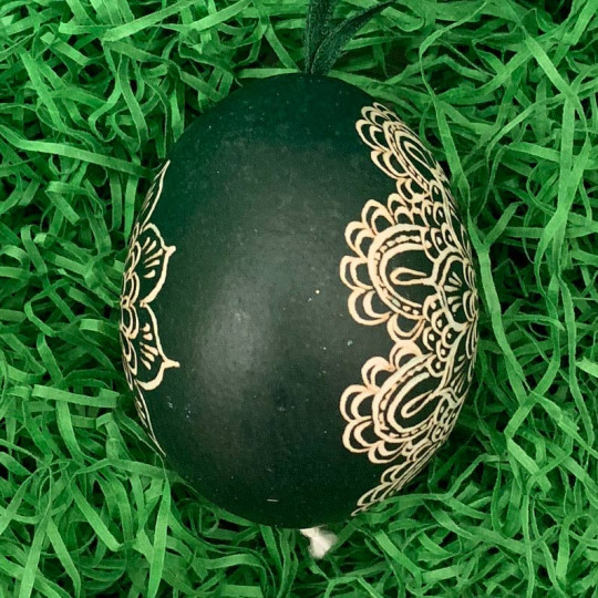 Dark Green Mandala Folkloric Eastern European Egg Ornament ~ Handmade in Slovakia ~ Wax Etched