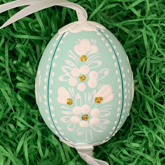 Aqua Folkloric Dot and Flowers Eastern European Egg Ornament ~ Handmade in Slovakia