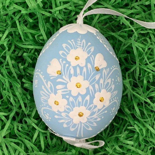 Light Blue Folkloric Dot and Flowers Eastern European Egg Ornament ~ Handmade in Slovakia