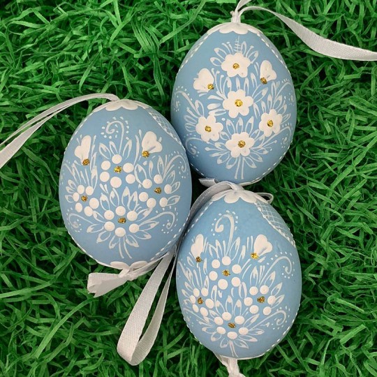 Light Blue Folkloric Dot and Flowers Eastern European Egg Ornament ~ Handmade in Slovakia