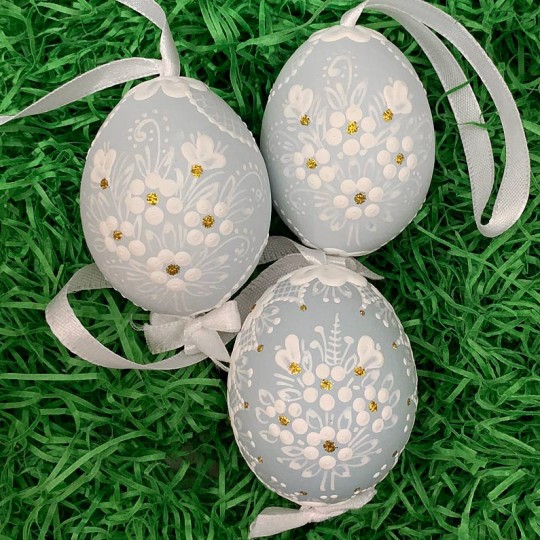 Pale Blue Folkloric Dot and Flowers Eastern European Egg Ornament ~ Handmade in Slovakia
