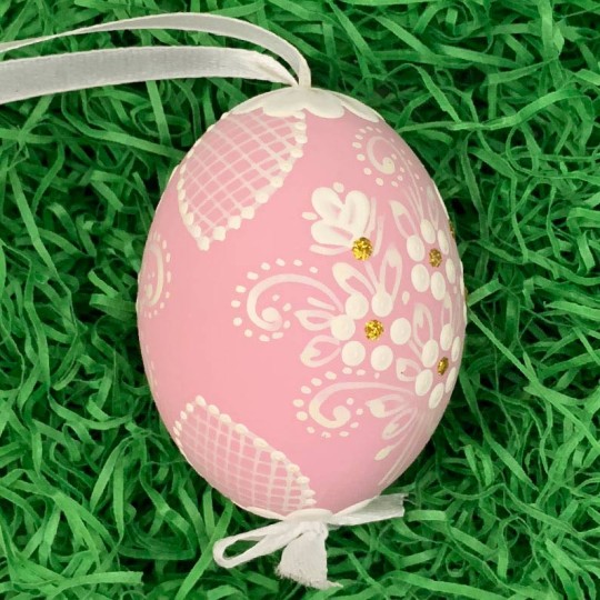 Pink Folkloric Dot and Flowers Eastern European Egg Ornament ~ Handmade in Slovakia