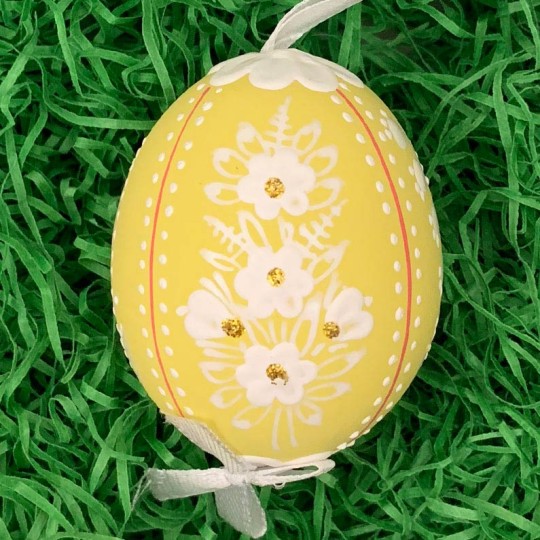 Yellow Folkloric Dot and Flowers Eastern European Egg Ornament ~ Handmade in Slovakia