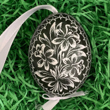 Dark Green Floral Eastern European Egg Ornament ~ Handmade in Slovakia