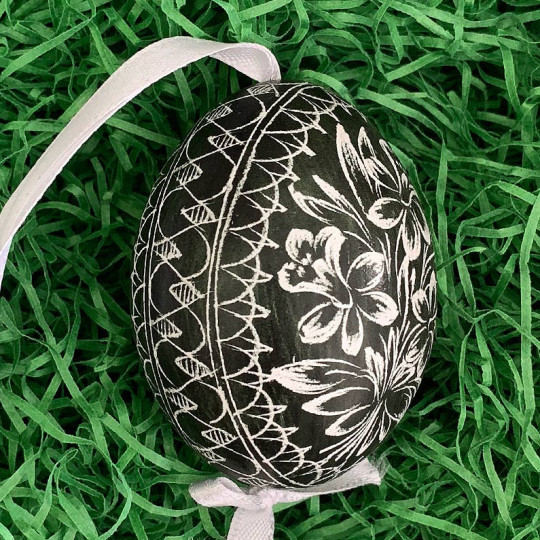 Dark Green Floral Eastern European Egg Ornament ~ Handmade in Slovakia