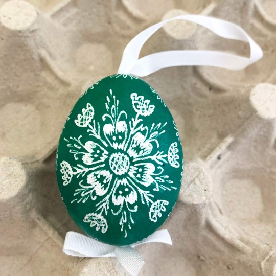 Green Folkloric Flower Eastern European Egg Ornament ~ Handmade in Slovakia
