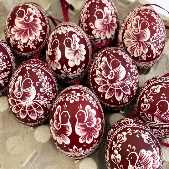 Burgundy Folkloric Bird Eastern European Egg Ornament ~ Handmade in Slovakia