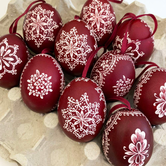 Burgundy Folkloric Bird Eastern European Egg Ornament ~ Handmade in Slovakia