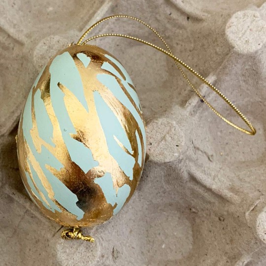Aqua and Gold Leaf Abstract Eastern European Egg Ornament ~ Handmade in Slovakia