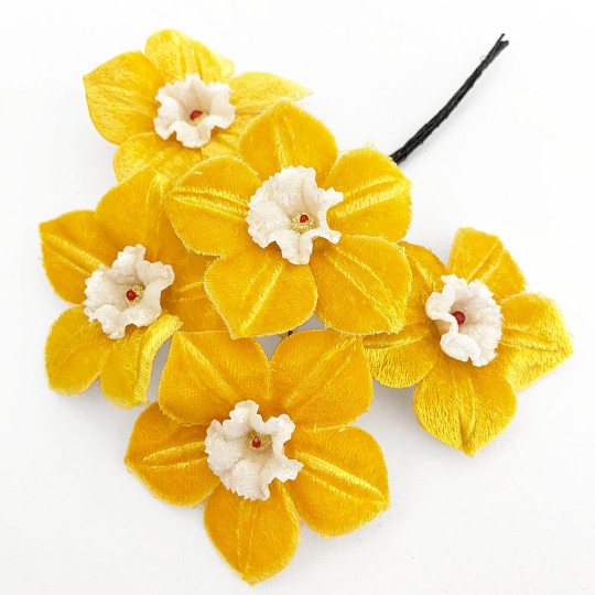 5 Velvet Fabric Narcissus ~ Czech Republic ~ Golden Yellow + White