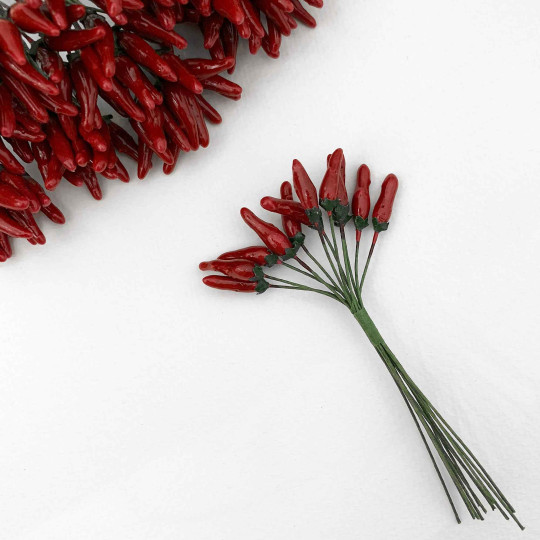 12 Red Lacquered Chili on Wires  ~ 3/4" Long