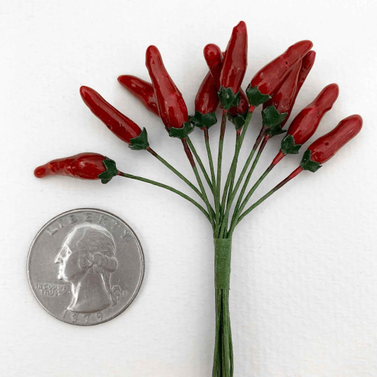 12 Red Lacquered Chili on Wires  ~ 3/4" Long