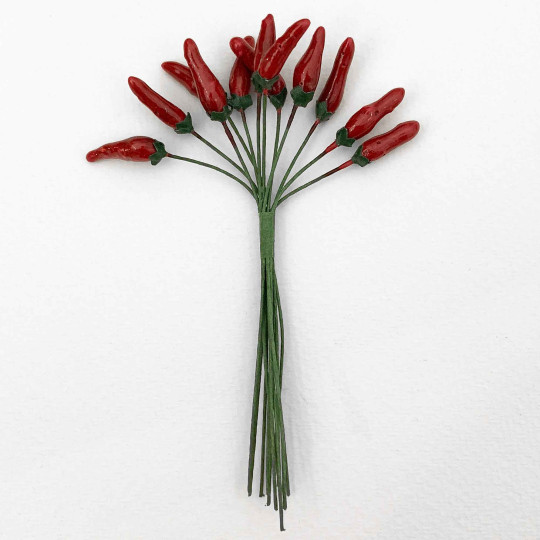 12 Red Lacquered Chili on Wires  ~ 3/4" Long