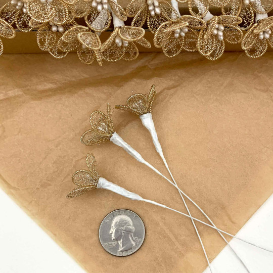 Fancy Gold Bullion Wire Flowers ~ Set of 3 ~ 1" across