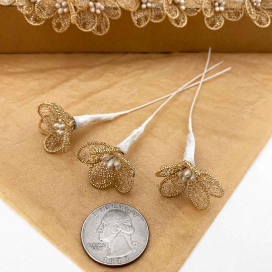 Fancy Gold Bullion Wire Flowers ~ Set of 3 ~ 1" across