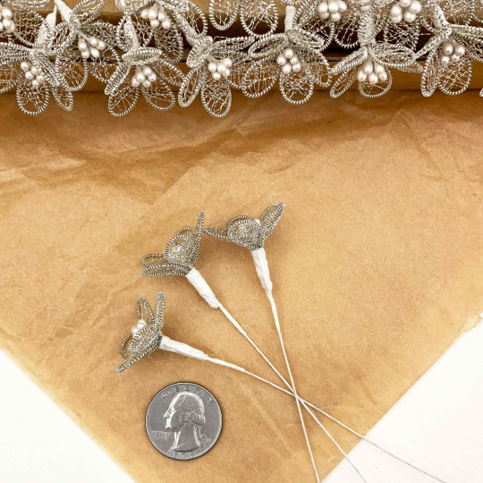 Fancy Silver Bullion Wire Flowers ~ Set of 3 ~ 1" across