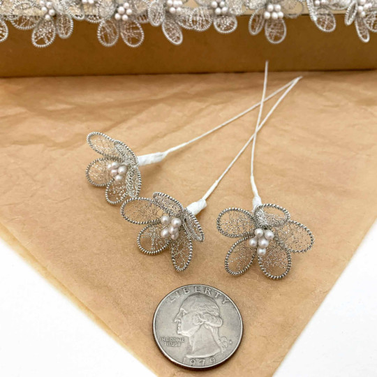 Fancy Silver Bullion Wire Flowers ~ Set of 3 ~ 1" across