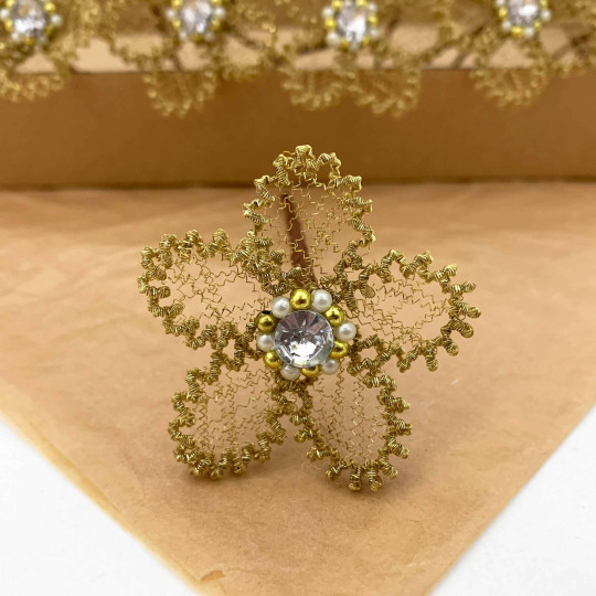 Large Fancy Gold Bullion Wire Flower with Clear Rhinestone ~ 1-3/4" across