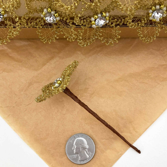 Large Fancy Gold Bullion Wire Flower with Clear Rhinestone ~ 1-3/4" across