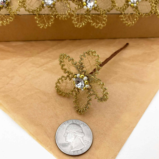 Large Fancy Gold Bullion Wire Flower with Clear Rhinestone ~ 1-3/4" across