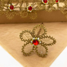 Large Fancy Gold Bullion Wire Flower with Red Rhinestone ~ 1-3/4" across