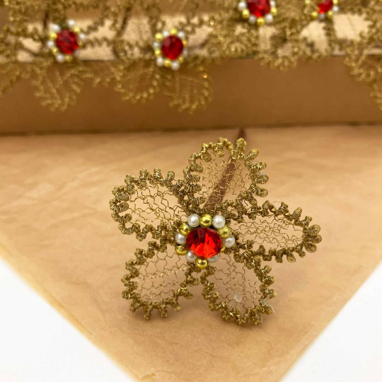 Large Fancy Gold Bullion Wire Flower with Red Rhinestone ~ 1-3/4" across