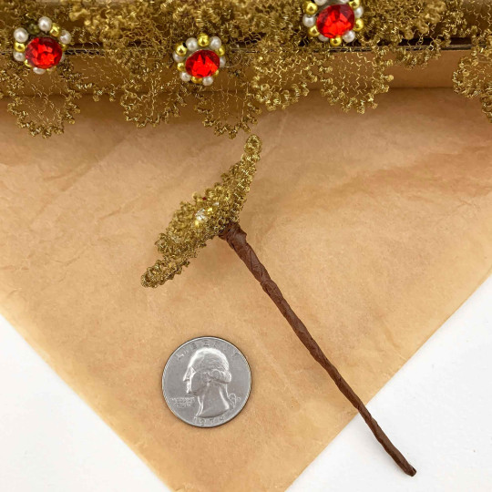 Large Fancy Gold Bullion Wire Flower with Red Rhinestone ~ 1-3/4" across