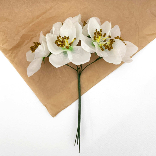 6 XL White Fabric Millinery Christmas Roses ~ Austria ~ 5/8"