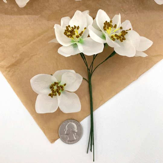 6 XL White Fabric Millinery Christmas Roses ~ Austria ~ 5/8"