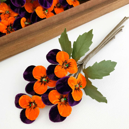 Spray of Small Velvet Pansies ~ Czech Republic ~ Dark Purple + Orange