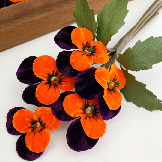 Spray of Small Velvet Pansies ~ Czech Republic ~ Dark Purple + Orange