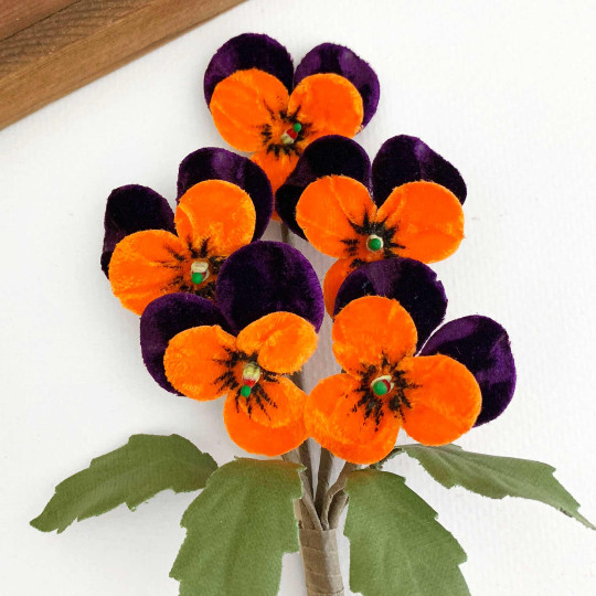 Spray of Small Velvet Pansies ~ Czech Republic ~ Dark Purple + Orange
