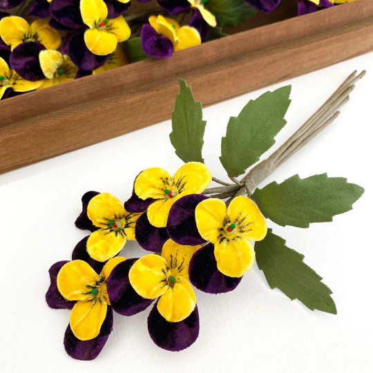 Spray of Small Velvet Pansies ~ Czech Republic ~ Dark Purple + Yellow