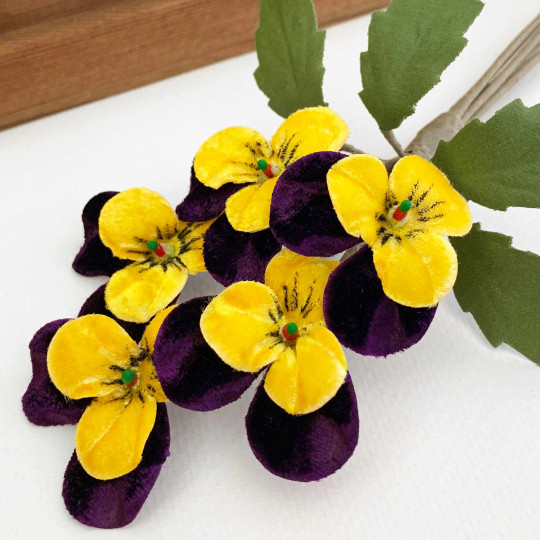 Spray of Small Velvet Pansies ~ Czech Republic ~ Dark Purple + Yellow