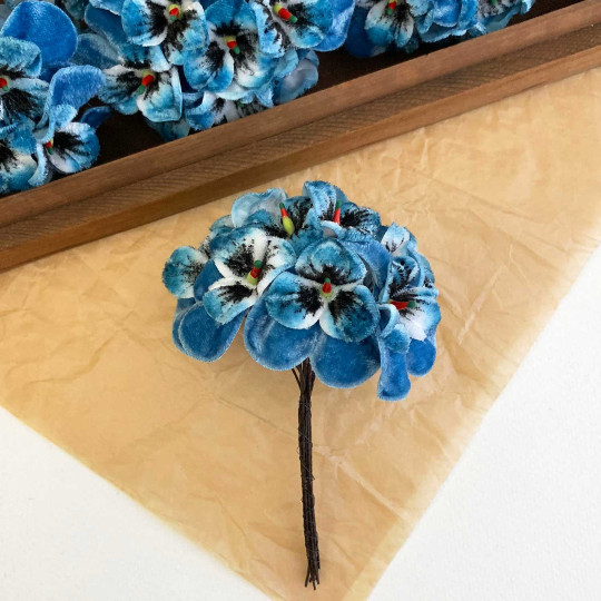 Bundle of Small Velvet Pansies ~ Blue + White ~ 12 Craft Stems