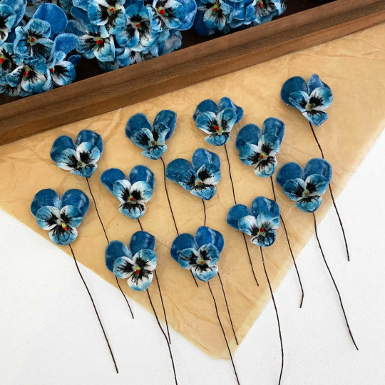 Bundle of Small Velvet Pansies ~ Blue + White ~ 12 Craft Stems