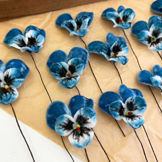 Bundle of Small Velvet Pansies ~ Blue + White ~ 12 Craft Stems