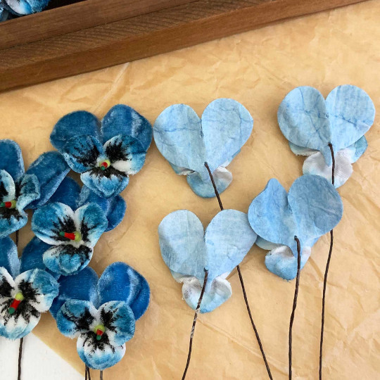 Bundle of Small Velvet Pansies ~ Blue + White ~ 12 Craft Stems