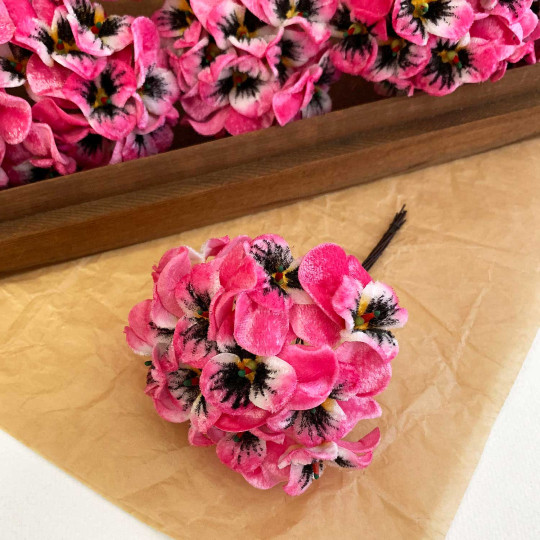 Bundle of Small Velvet Pansies ~ Bright Pink + White ~ 12 Craft Stems
