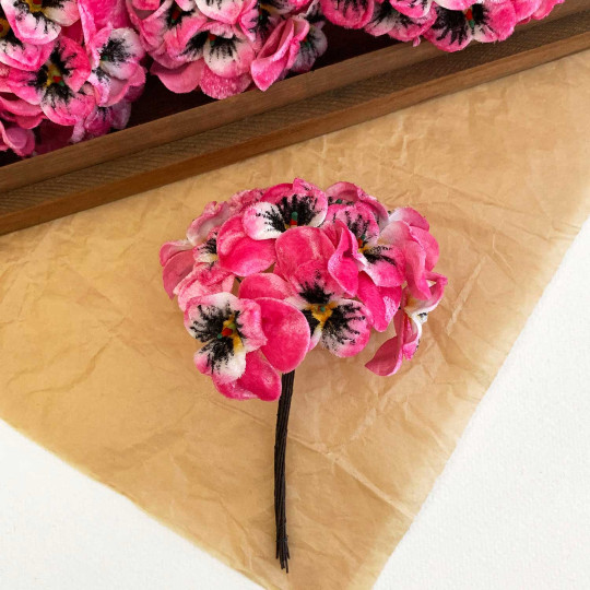 Bundle of Small Velvet Pansies ~ Bright Pink + White ~ 12 Craft Stems