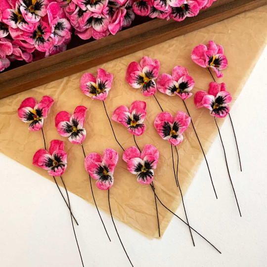 Bundle of Small Velvet Pansies ~ Bright Pink + White ~ 12 Craft Stems