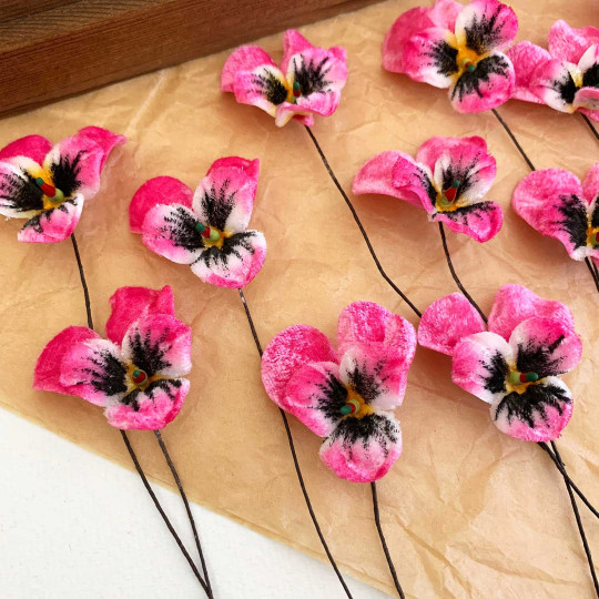 Bundle of Small Velvet Pansies ~ Bright Pink + White ~ 12 Craft Stems