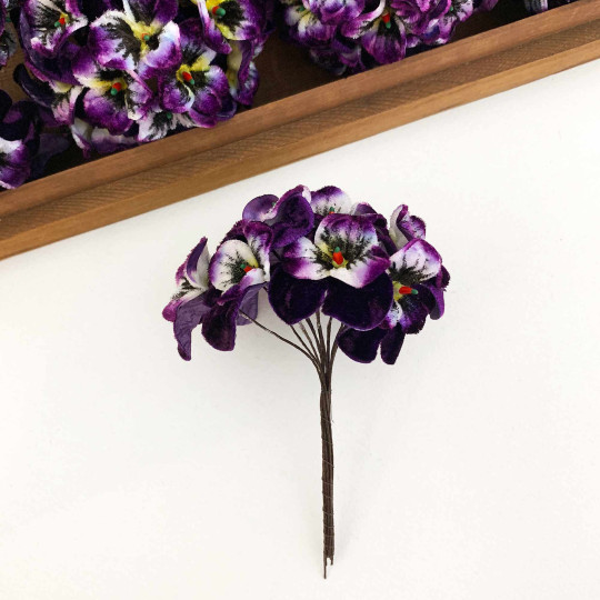 Bundle of Small Velvet Pansies ~ Dark Purple + Yellow ~ 12 Craft Stems