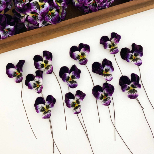 Bundle of Small Velvet Pansies ~ Dark Purple + Yellow ~ 12 Craft Stems