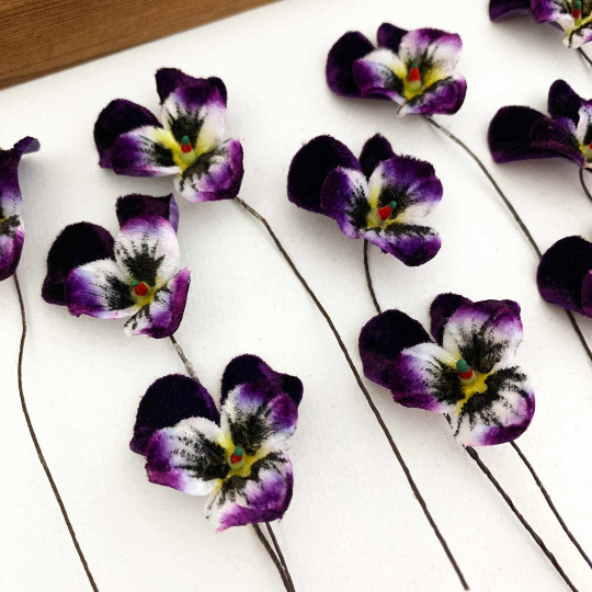 Bundle of Small Velvet Pansies ~ Dark Purple + Yellow ~ 12 Craft Stems