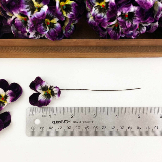Bundle of Small Velvet Pansies ~ Dark Purple + Yellow ~ 12 Craft Stems