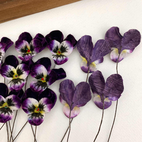 Bundle of Small Velvet Pansies ~ Dark Purple + Yellow ~ 12 Craft Stems