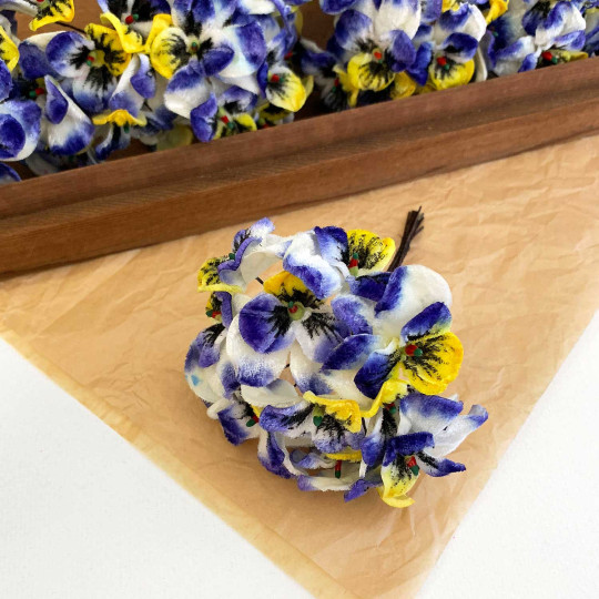 Bundle of Small Velvet Pansies ~ Johnny Jump Up Blue + Yellow ~ 12 Craft Stems