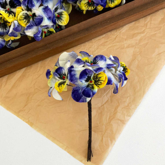 Bundle of Small Velvet Pansies ~ Johnny Jump Up Blue + Yellow ~ 12 Craft Stems