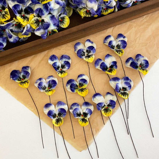 Bundle of Small Velvet Pansies ~ Johnny Jump Up Blue + Yellow ~ 12 Craft Stems